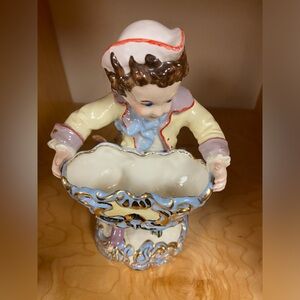 VINTAGE PORCELAIN FIGURINE BELIEVED TO BE MADE IN ENGLAND BOY WITH DOG 9.5” TALL